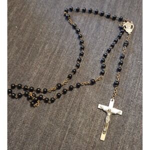Vintage Silver INR Rosary With Cross Black Prayer Beads Christian Catholic